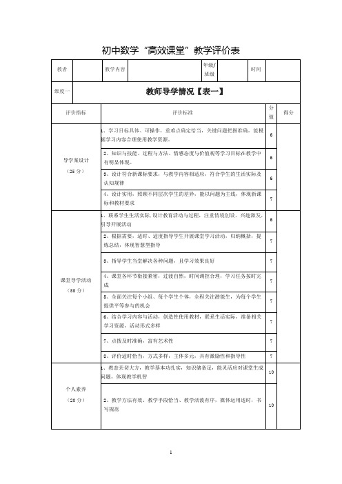 初中数学高效课堂评价表