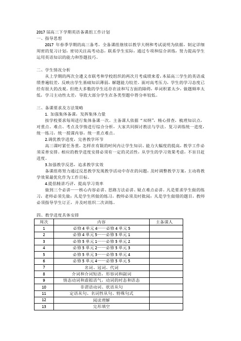 2017届高三下学期英语备课组工作计划