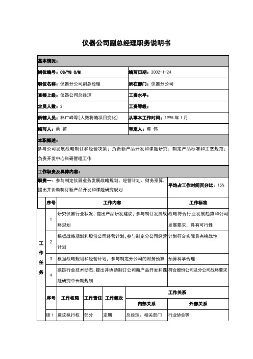 仪器公司副总经理职务说明书