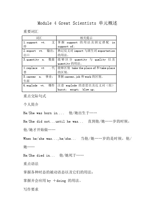 高中英语Module 4 Great Scientists 单元概述外研版必修四