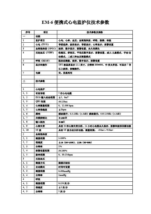 EM-6便携式心电监护仪技术参数