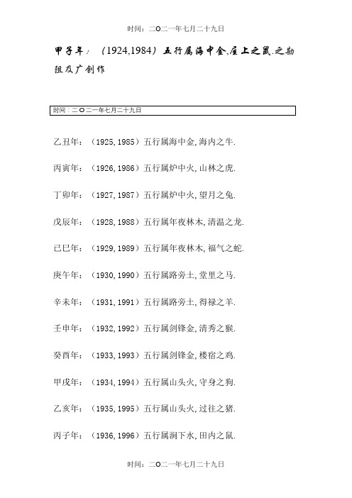 五行属相以及生肖属相年份对照表