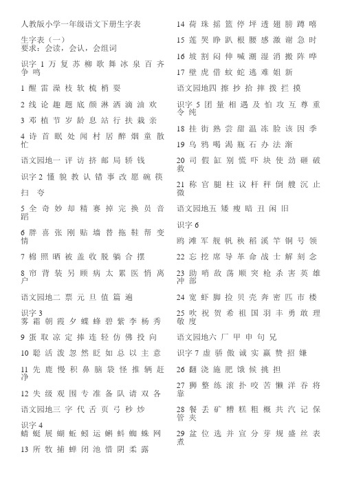 人教版小学一年级语文下册生字表
