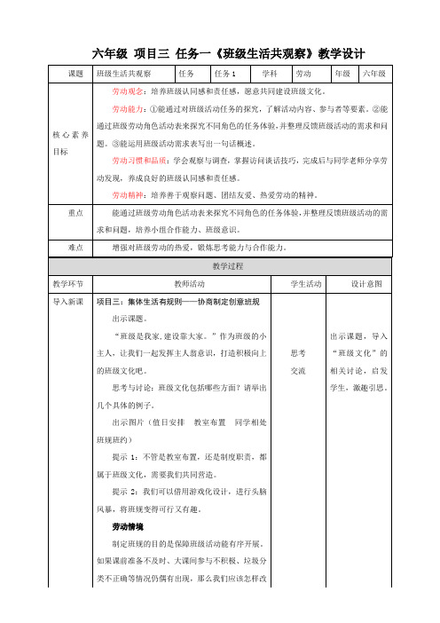 浙教版劳动六年级项目三 任务一《班级生活共观察》教案