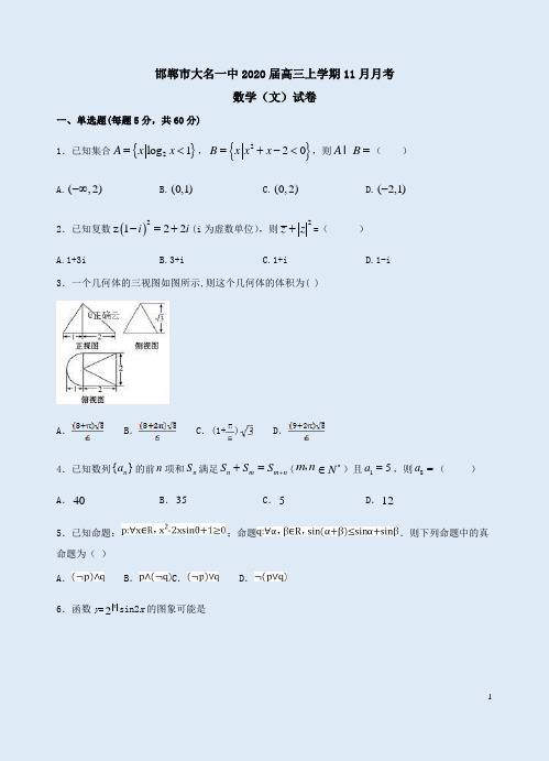 邯郸市大名一中2020届高三数学(文)上学期11月月考试卷附答案解析