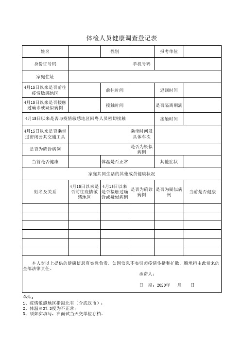 体检人员健康调查登记表