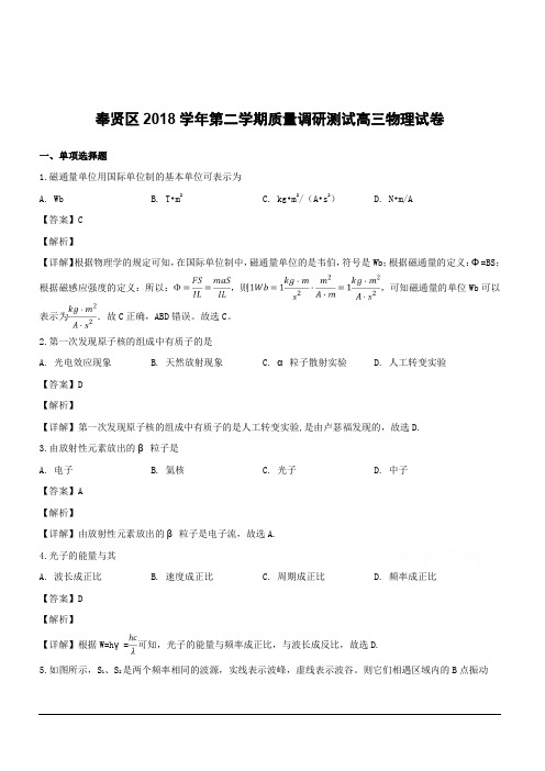 上海市奉贤区2019届高三下学期质量调研测试物理试题附答案解析
