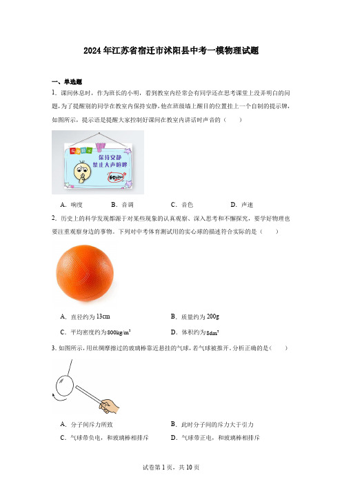 2024年江苏省宿迁市沭阳县中考一模物理试题