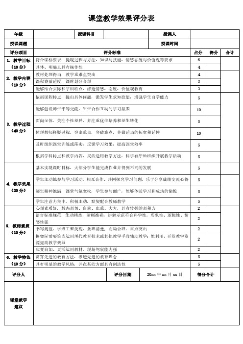 课堂教学效果评分表模板