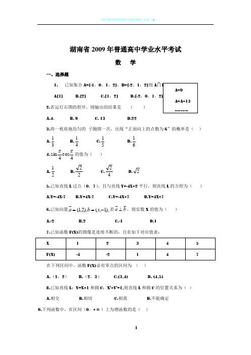 2009-2017年湖南省普通高中学业水平考试数学试卷及答案