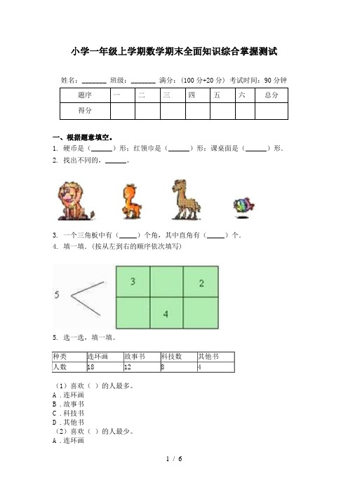 小学一年级上学期数学期末全面知识综合掌握测试