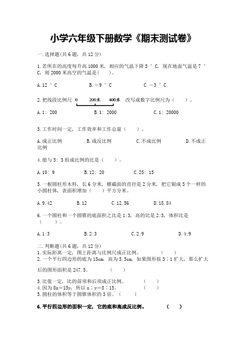 小学六年级下册数学《期末测试卷》A4版可打印