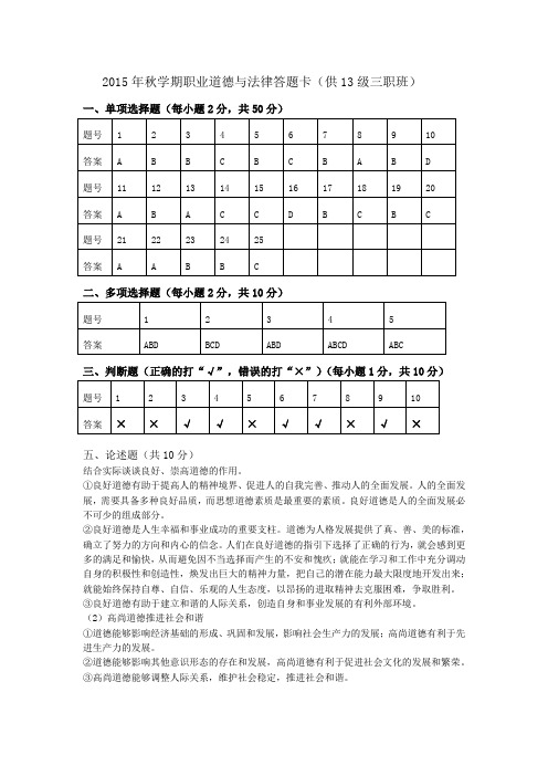 2015年秋职业道德与法律期中试卷答案