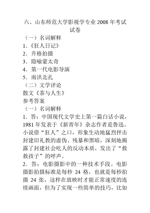 山东师范大学影视学专业2008年考试试卷