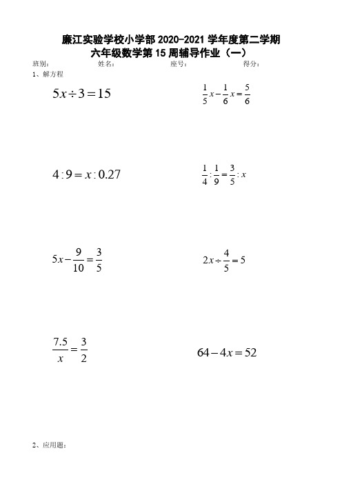 广东省廉江市实验学校六年级下学期数学第15周辅导作业1