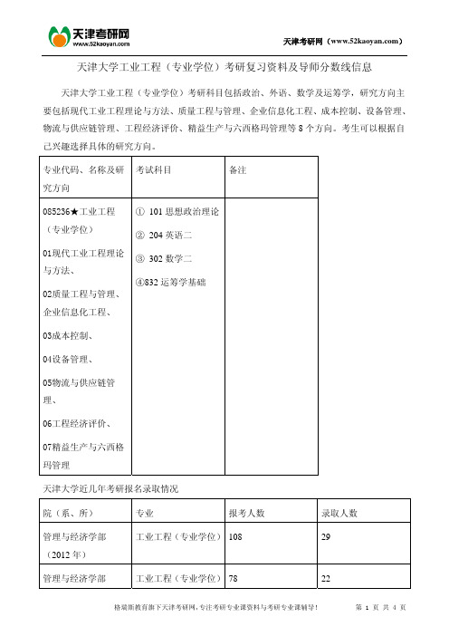 天津大学工业工程(专业学位)考研复习资料及导师分数线信息