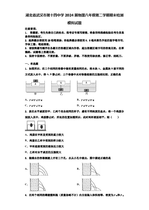 湖北省武汉市第十四中学2024届物理八年级第二学期期末检测模拟试题含解析