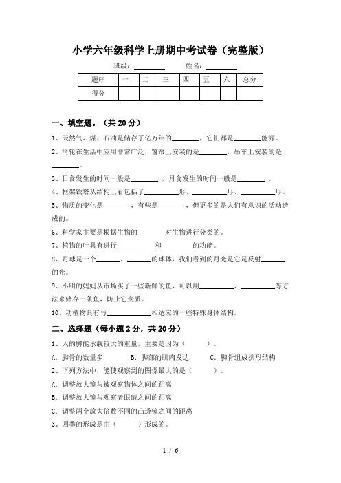 小学六年级科学上册期中考试卷(完整版)