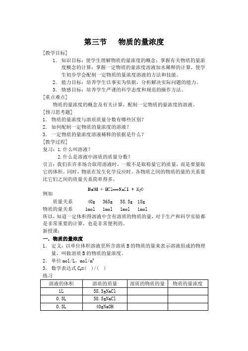 高一化学教案-物质的量浓度. 最新