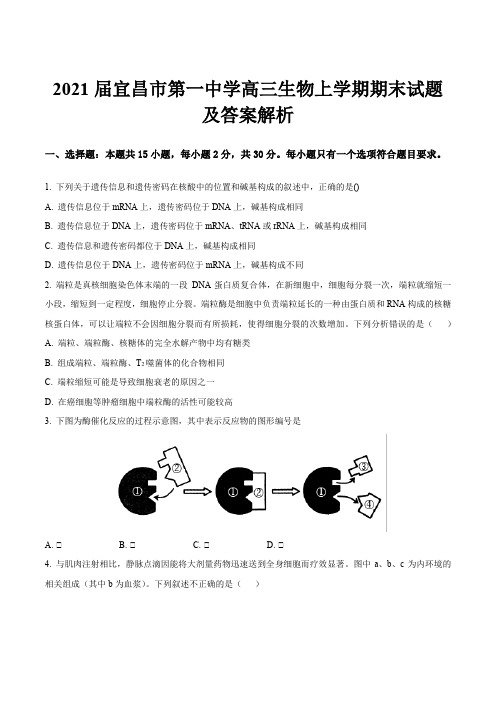 2021届宜昌市第一中学高三生物上学期期末试题及答案解析