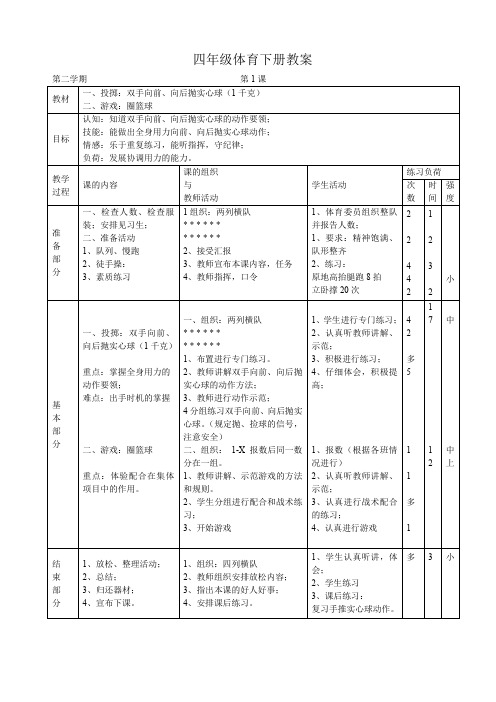 小学四年级下期体育教案(全册54课时)