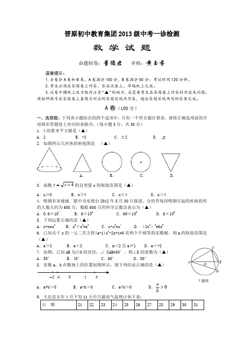 四川省成都市大邑县晋原初中教育集团2013届九年级中考一诊检测数学试题全国通用