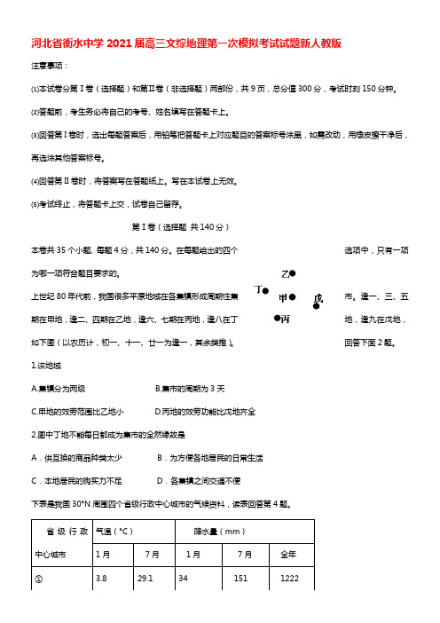 河北省衡水中学2021届高三文综（地理部份）第一次模拟考试试题