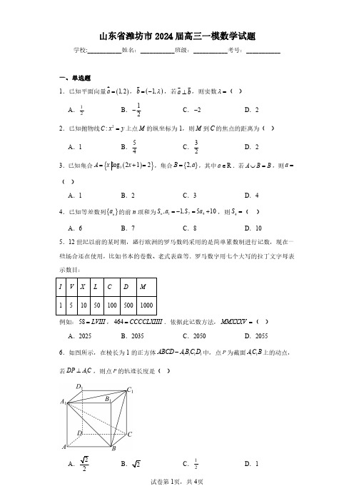 2024-山东省潍坊市2024届高三一模数学-试题含解析