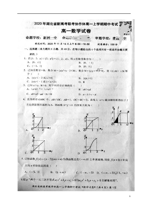 湖北省新高考联考协作体2020-2021学年高一上学期期中考试数学试题 图片版含答案