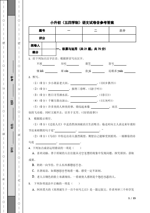 小升初(五四学制)语文试卷含参考答案