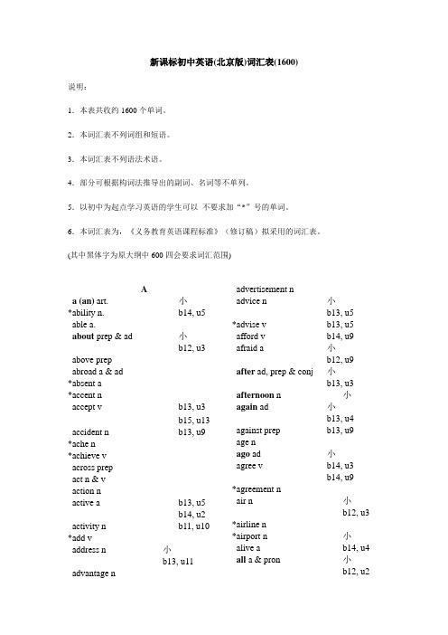 新课标初中英语(北京版)词汇表(1600)