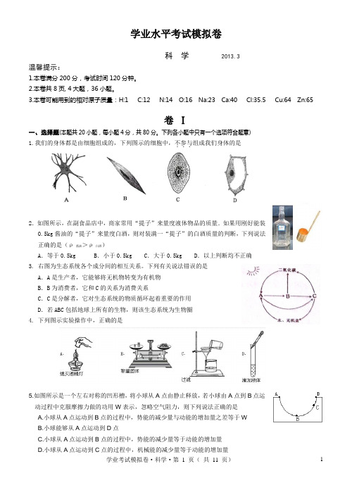 科学学业水平考试模拟卷和答案