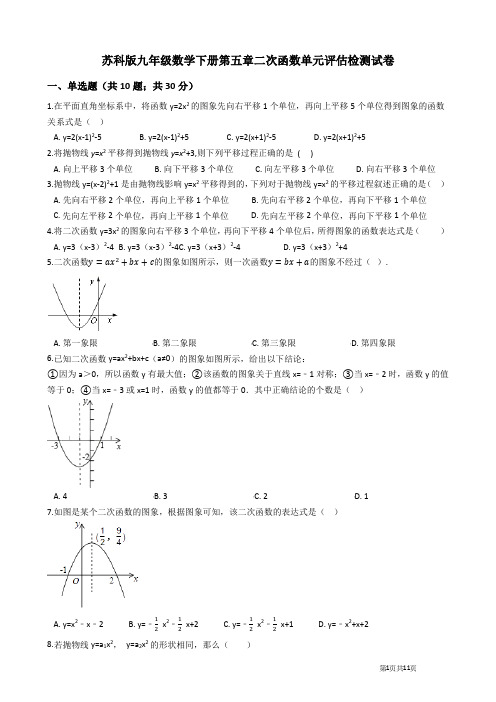 2018-2019学年苏科版九年级数学下册第五章二次函数单元测试卷及答案