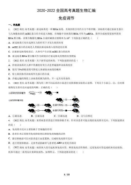 2020-2022全国高考真题生物汇编：免疫调节