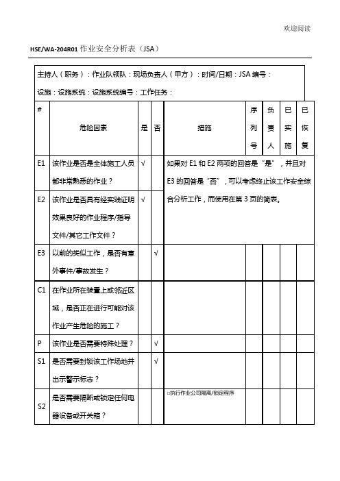 JSA作业安全分析表格模板