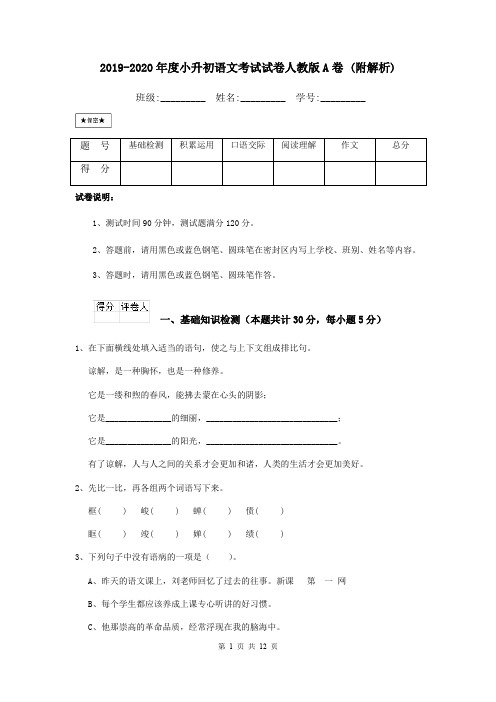 2019-2020年度小升初语文考试试卷人教版A卷 (附解析)