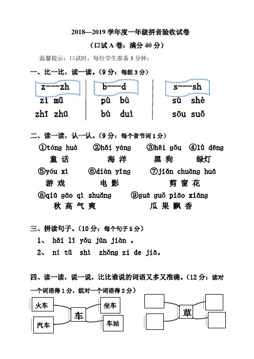 部编一年级语文上册拼音验收卷(口试卷)