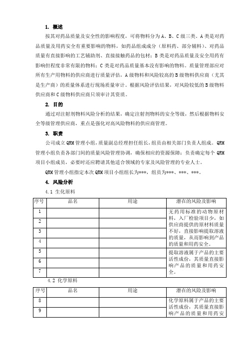 新版GMP注射剂物料安全等级质量风险管理文件