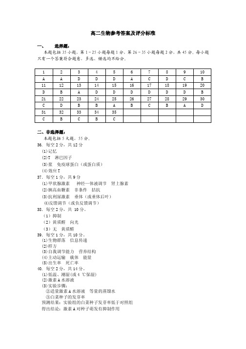 2012-2013学年第一学期期末调研考试高二生物答案