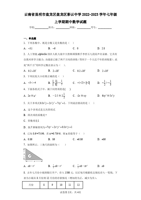 云南省昆明市盘龙区盘龙区彩云中学2022-2023学年七年级上学期期中数学试题