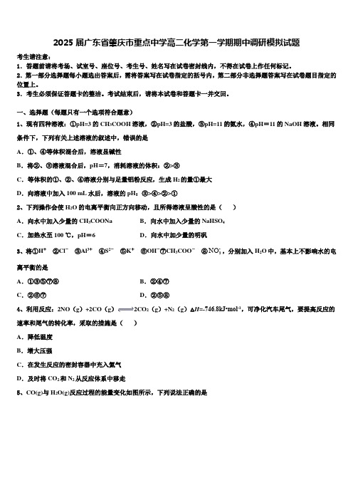 2025届广东省肇庆市重点中学高二化学第一学期期中调研模拟试题含解析