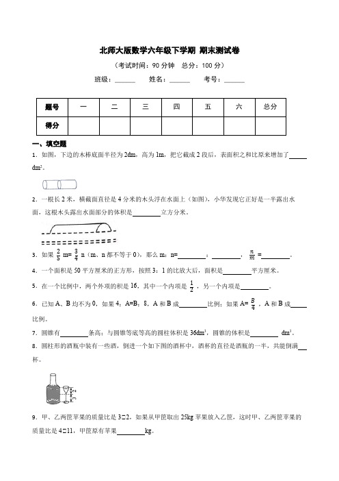 北师大版数学六年级下册期末测试卷(含答案)