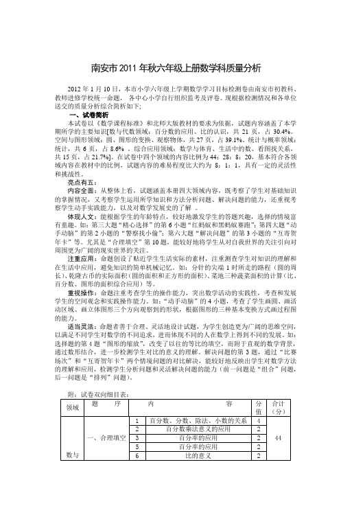 南安市官桥中心小学2011年秋六年级数学科质