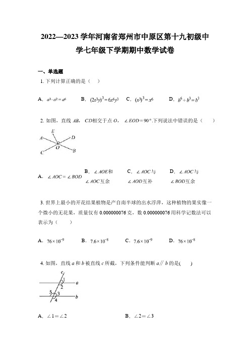 2022—2023学年河南省郑州市中原区第十九初级中学七年级下学期期中数学试卷