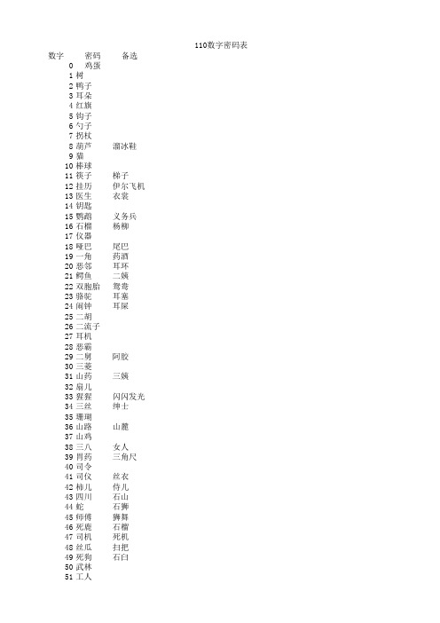 110数字密码表