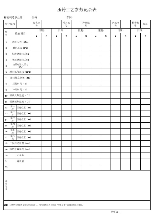压铸工艺参数记录表