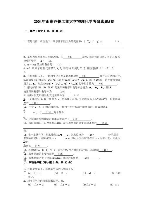 2004年山东齐鲁工业大学物理化学考研真题A卷