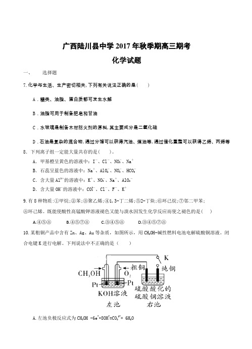 广西陆川县中学2018届高三上学期期末考试化学试卷(含答案)