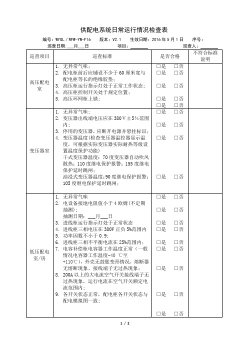 供配电系统日常运行情况检查表