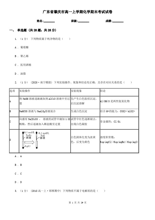 广东省肇庆市高一上学期化学期末考试试卷